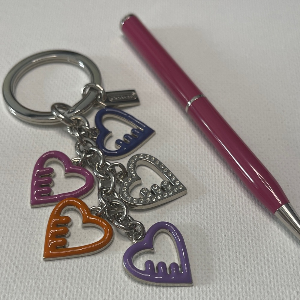 Coach Heart Charm Keyring with Multicolor Enamel Hearts With Coach Pen